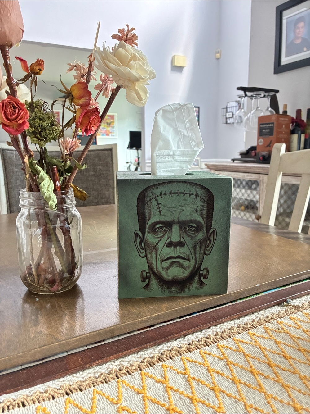 Decorative Frankenstein Tissue Box Cover in Green Handmade